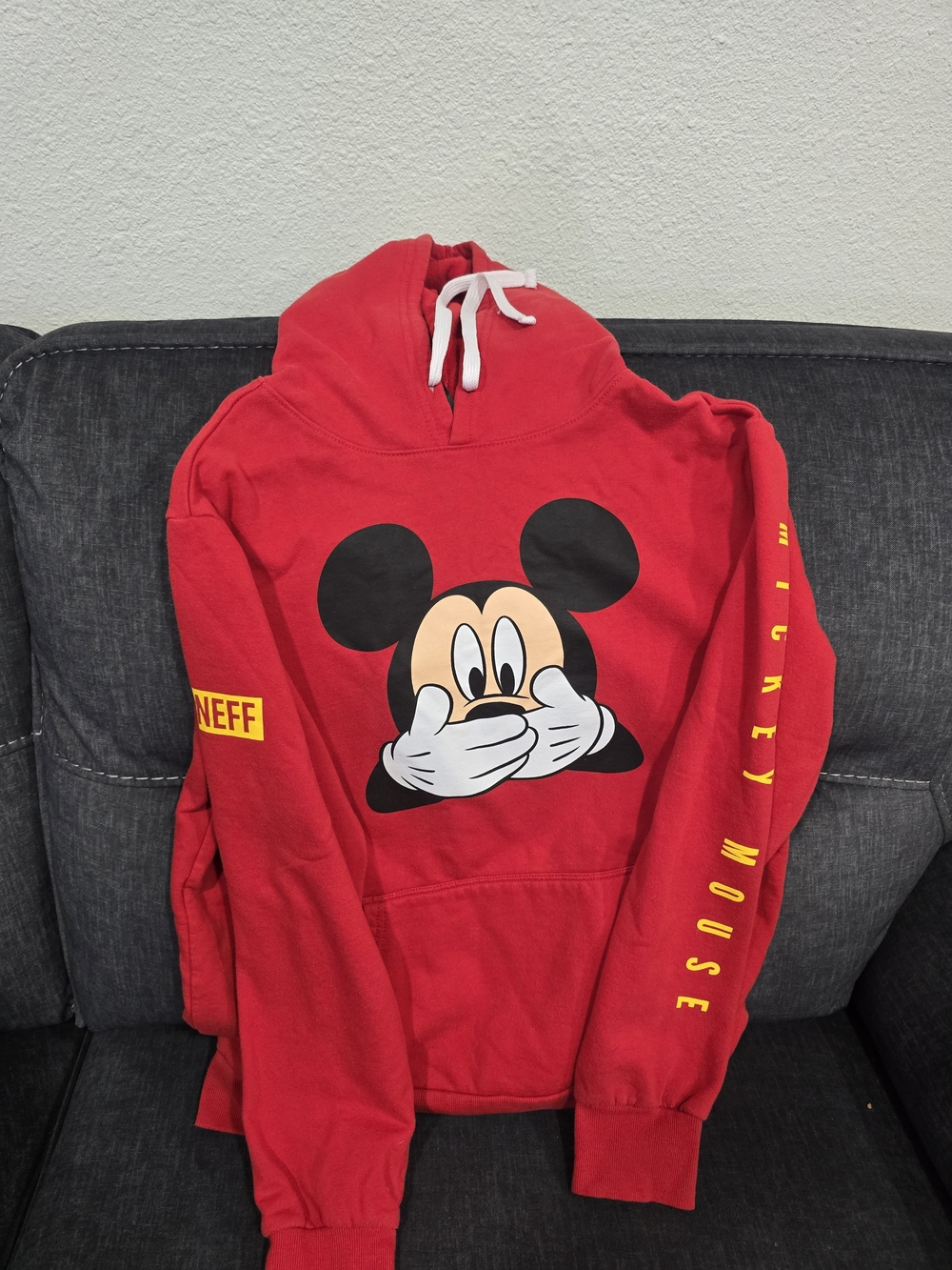 Neff Red Mickey Mouse Hoodie with Yellow Sleeve Text